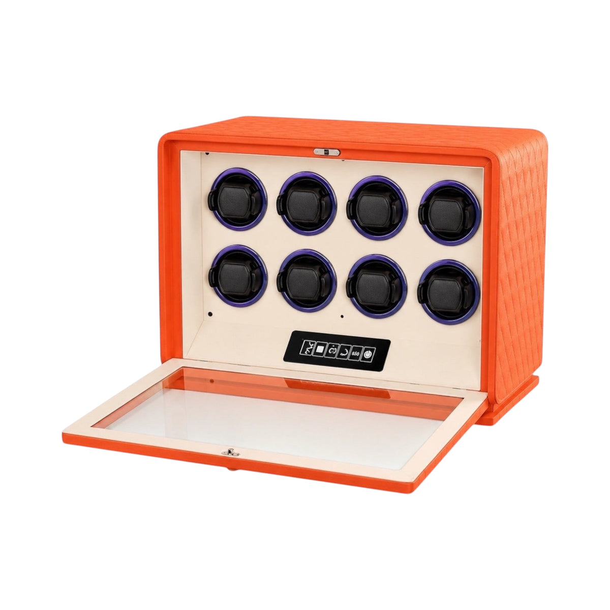 Remontoir Pégase Maison Orvian pour 8 montres en cuir orange avec vitrine en verre et écran tactile