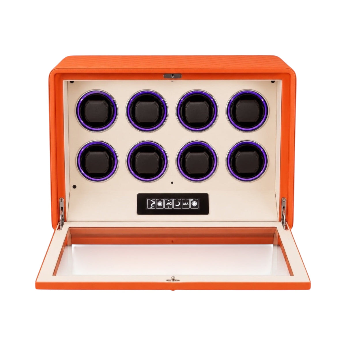 Remontoir Pégase 8 montres Maison Orvian en cuir orange avec vitrine en verre et rotors programmables indépendants