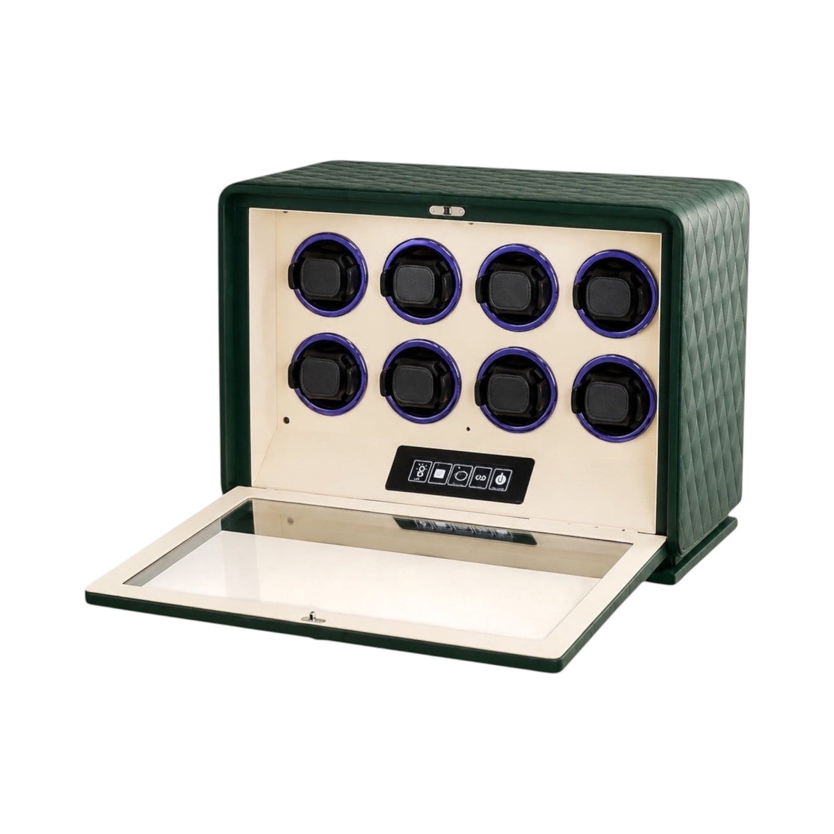 Remontoir Maison Orvian Pégase pour 8 montres en cuir vert matelassé avec vitrine en verre et écran tactile