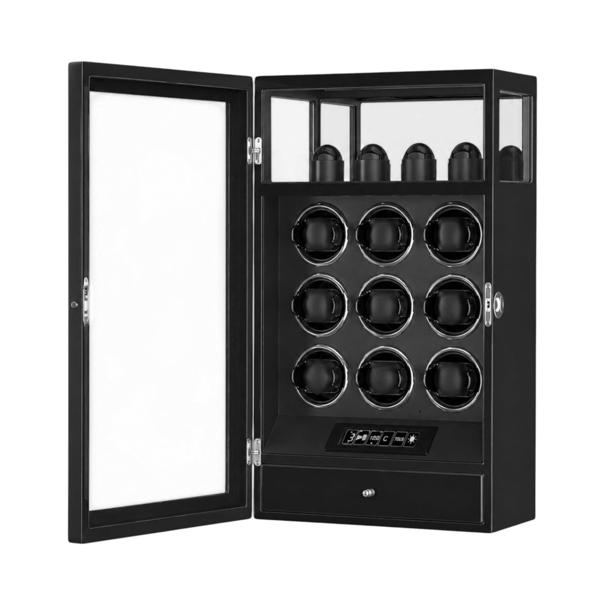 Remontoir Maison Orvian Rigel noir pour 9 montres automatiques avec finition laque piano, porte vitrée et écran LCD