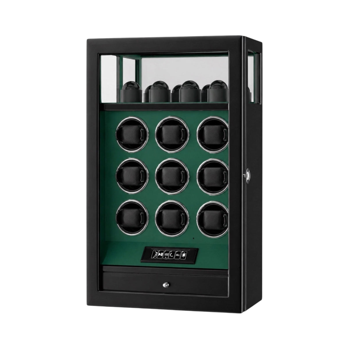 Remontoir Maison Orvian Véga pour 9 montres automatiques en bois vert avec finition laque piano et serrure biométrique