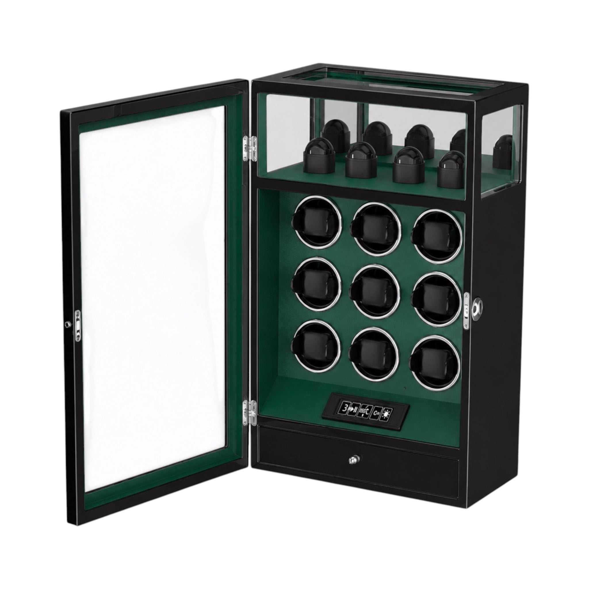 Remontoir Maison Orvian Véga pour 9 montres automatiques en bois laqué vert avec porte vitrée et serrure biométrique