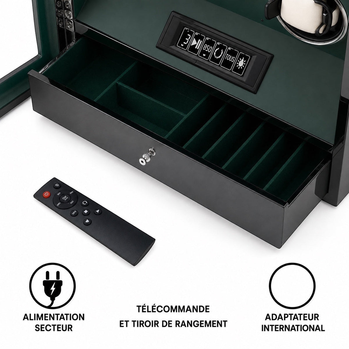 Remontoir Véga vert : tiroir de rangement, télécommande et afficheur — Maison Orvian