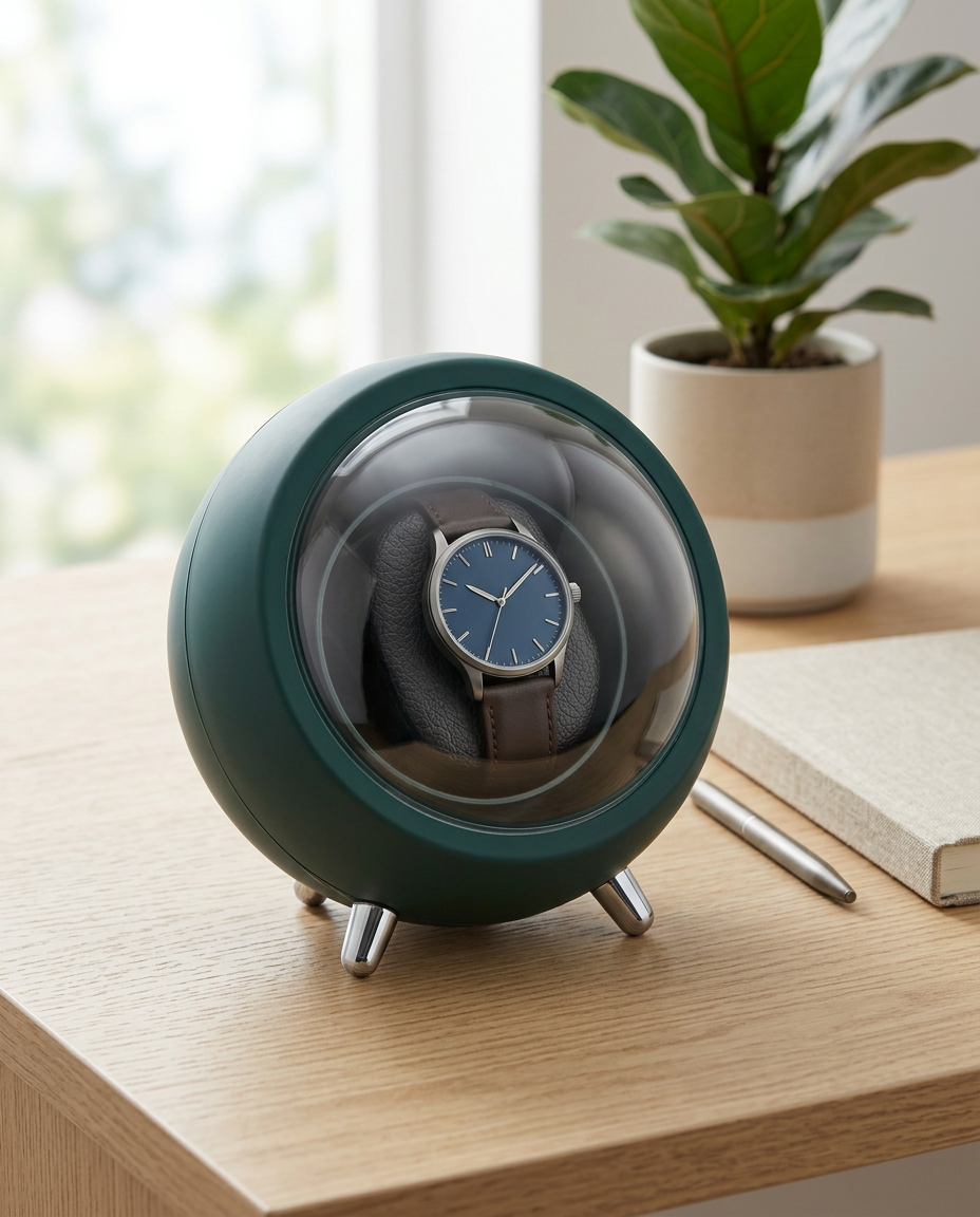 Remontoir sphérique Orbite vert sur un bureau