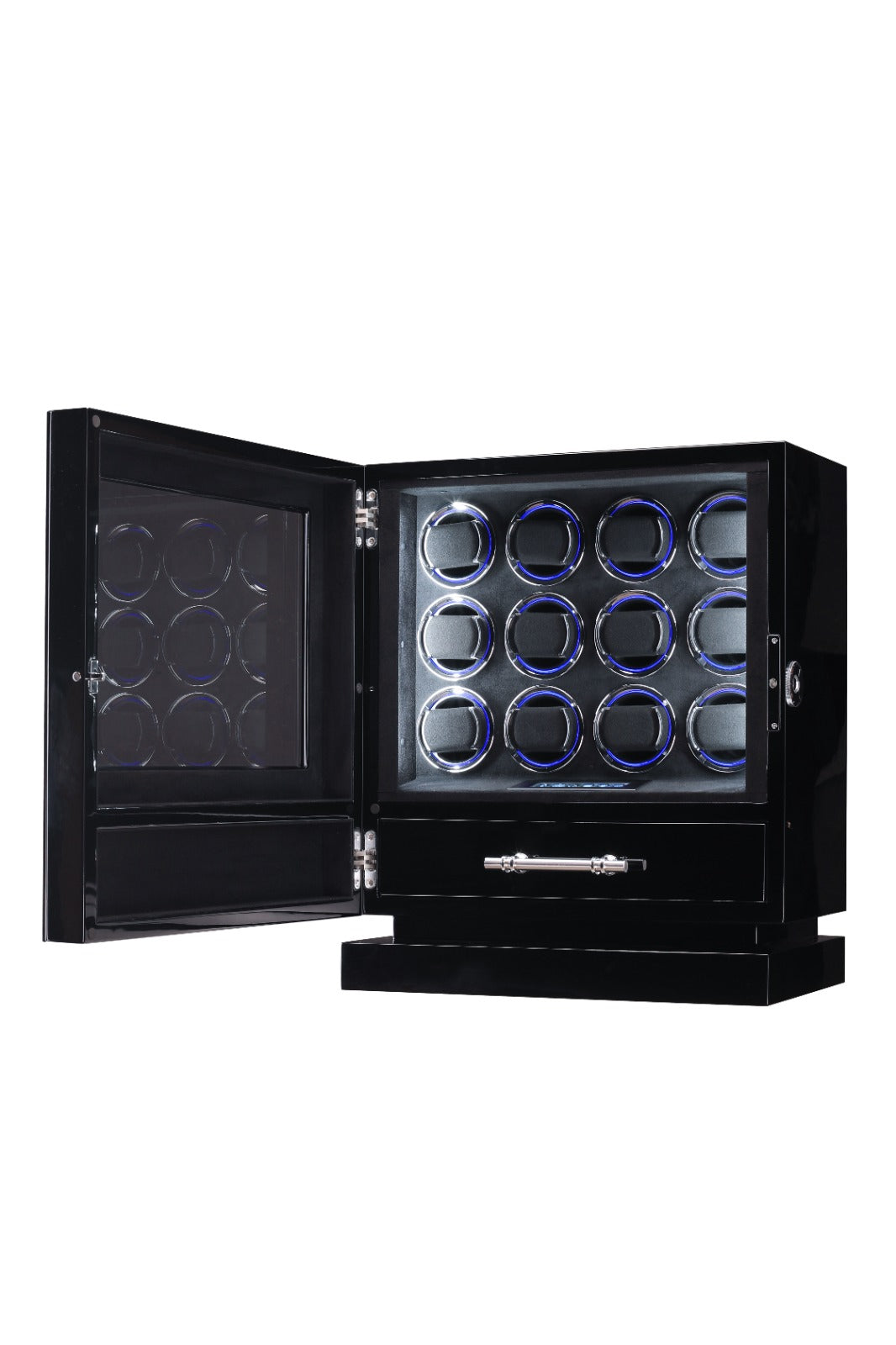 Remontoir Éclipse 12 montres noir, porte ouverte, tiroir sorti