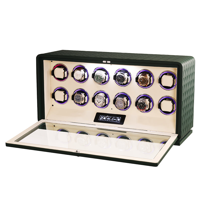 Remontoir Pégase 12 montres vert en cuir matelassé – Maison Orvian