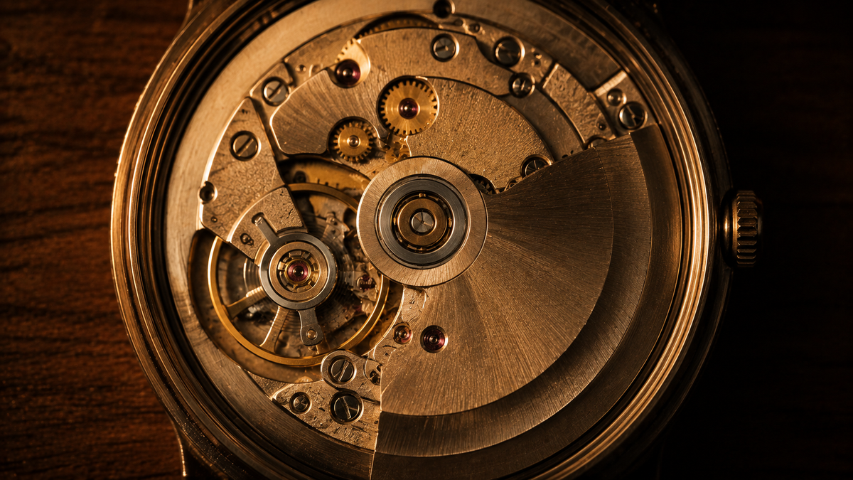 Mouvement mécanique de montre à nu vu de dessus, rouages et masse oscillante visibles