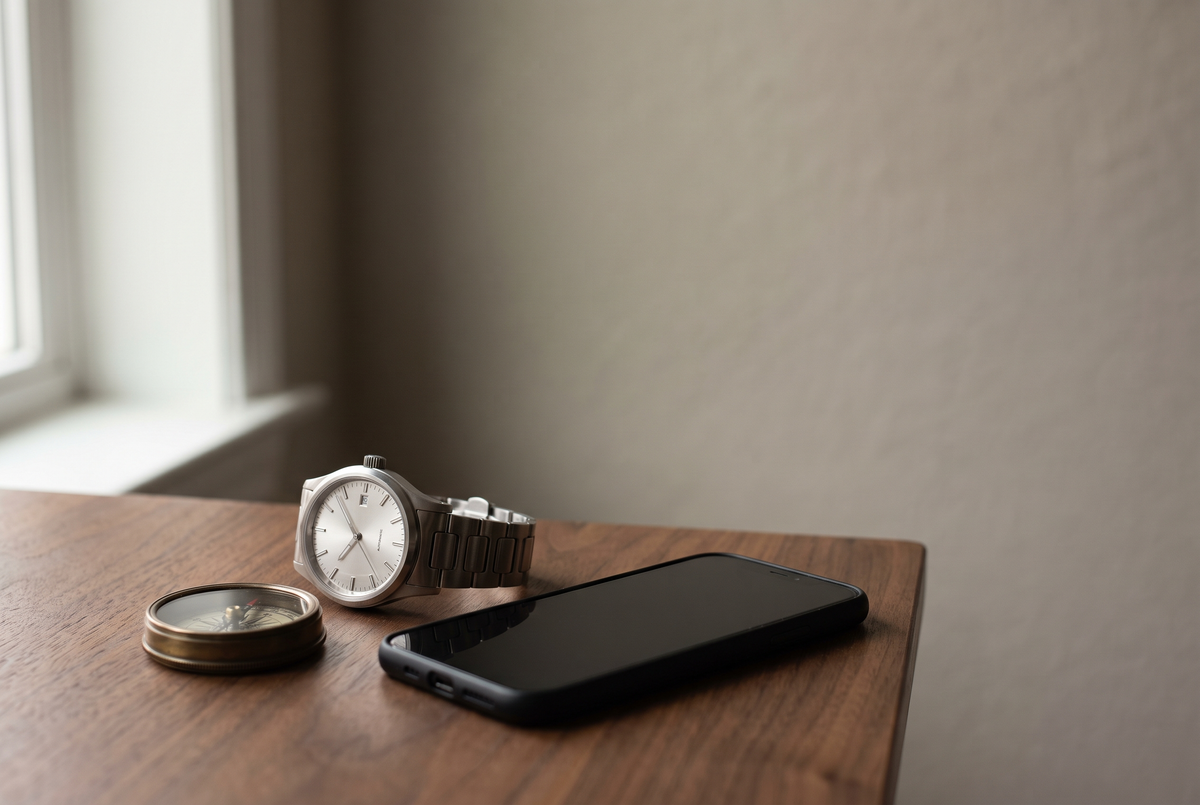 Montre automatique près d'un smartphone et d'une boussole, magnétisme
