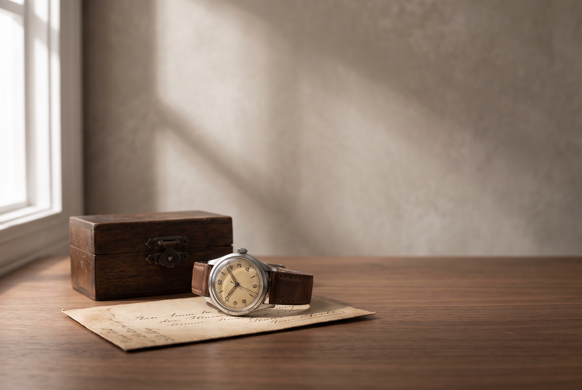 Montre ancienne héritée avec bracelet cuir usé sur une enveloppe