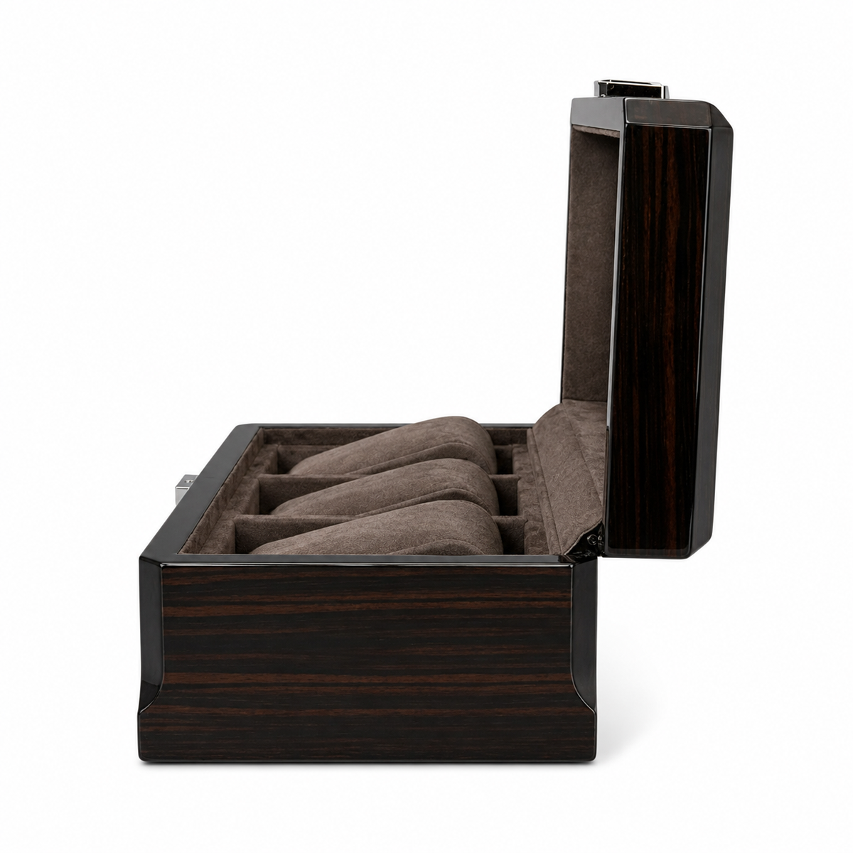 Boîte Richelieu trois montres, détail de la finition noire et du capitonnage — Maison Orvian