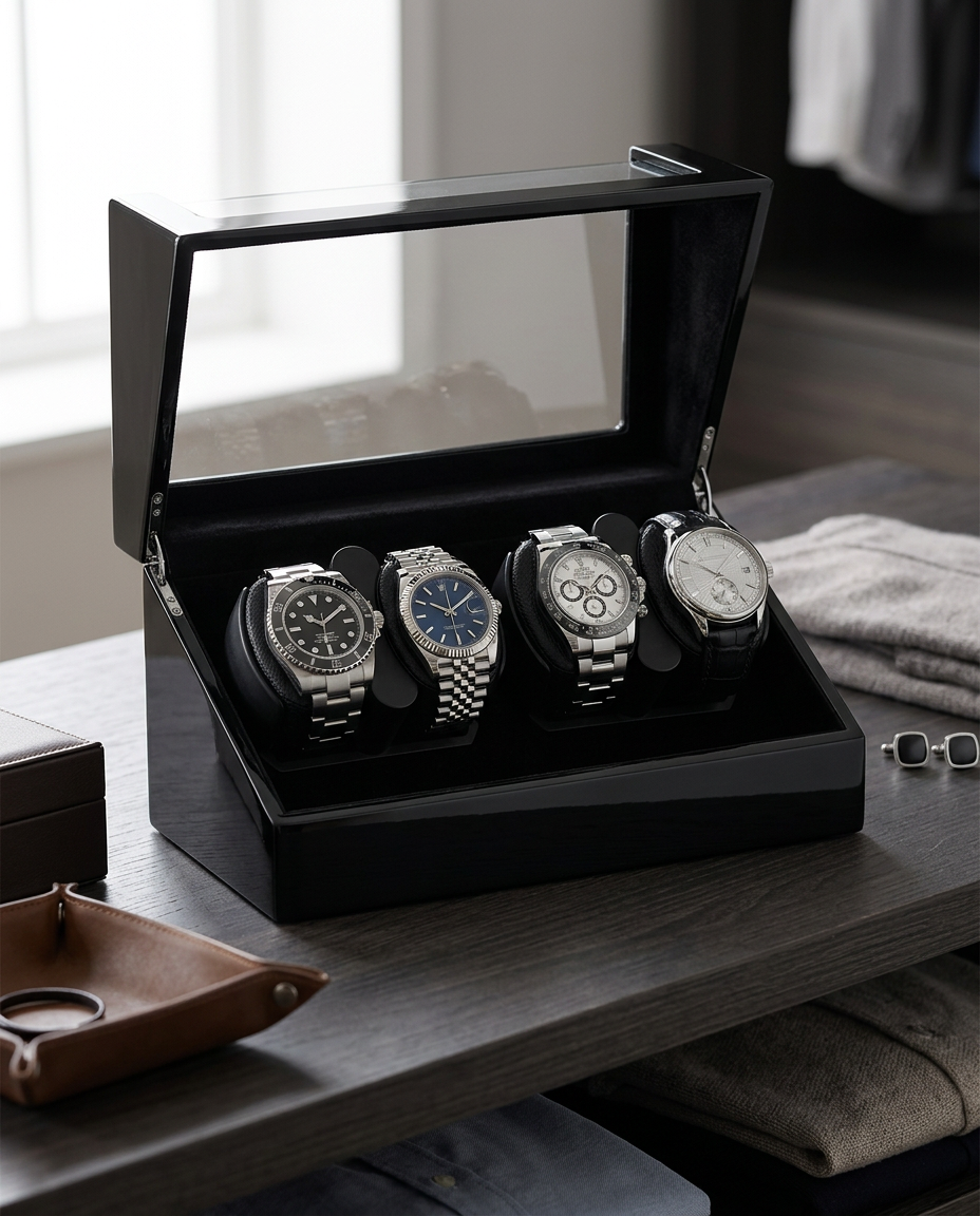 Remontoir Atlas 4 montres ouvert dans un dressing