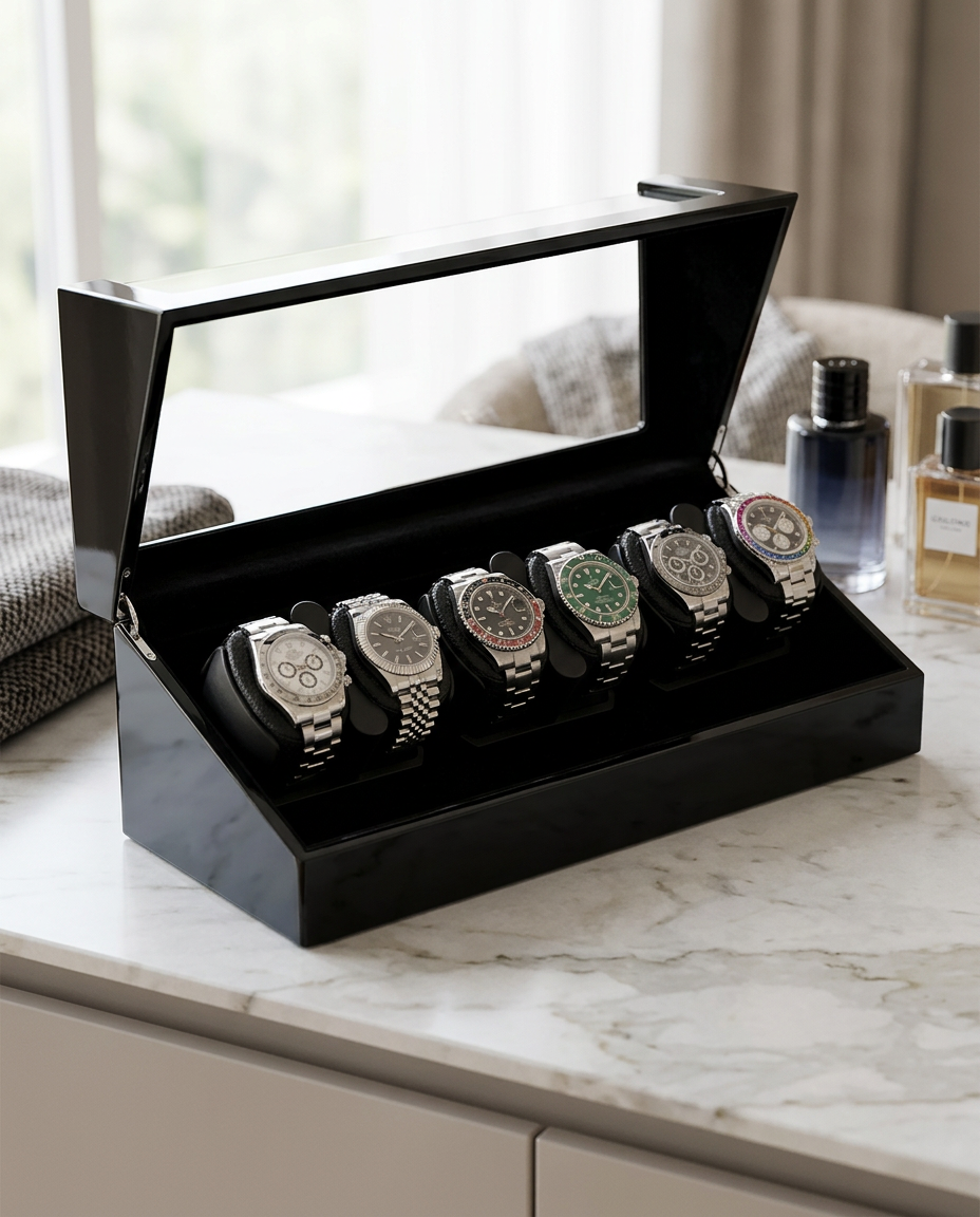 Remontoir Atlas 6 montres ouvert dans un dressing