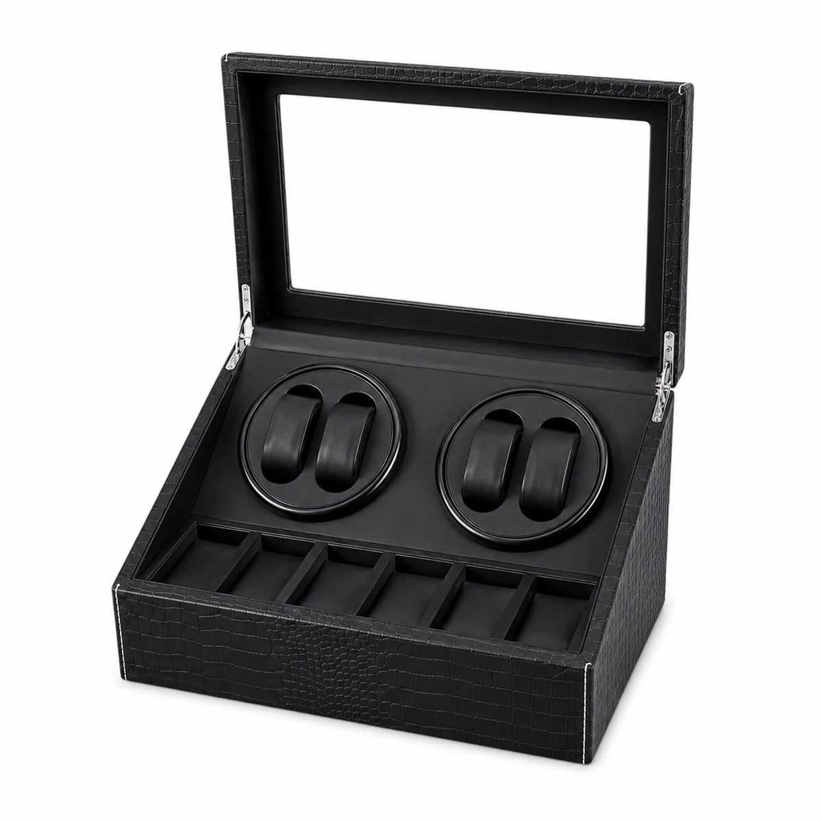 Coffret remontoir Cosmos ouvert : deux rotors doubles noirs et six rangements alignés en dessous — Maison Orvian