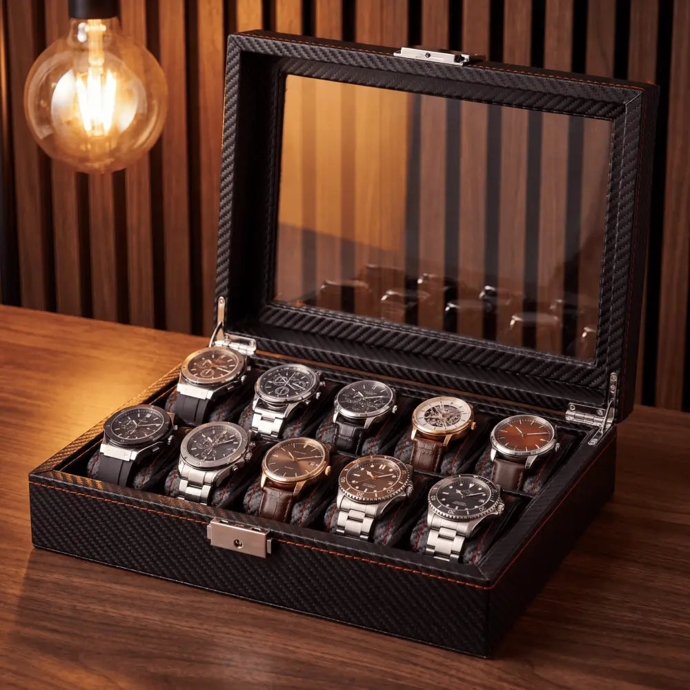 Boîte à montres Haussmann cuir noir 10 montres — Maison Orvian