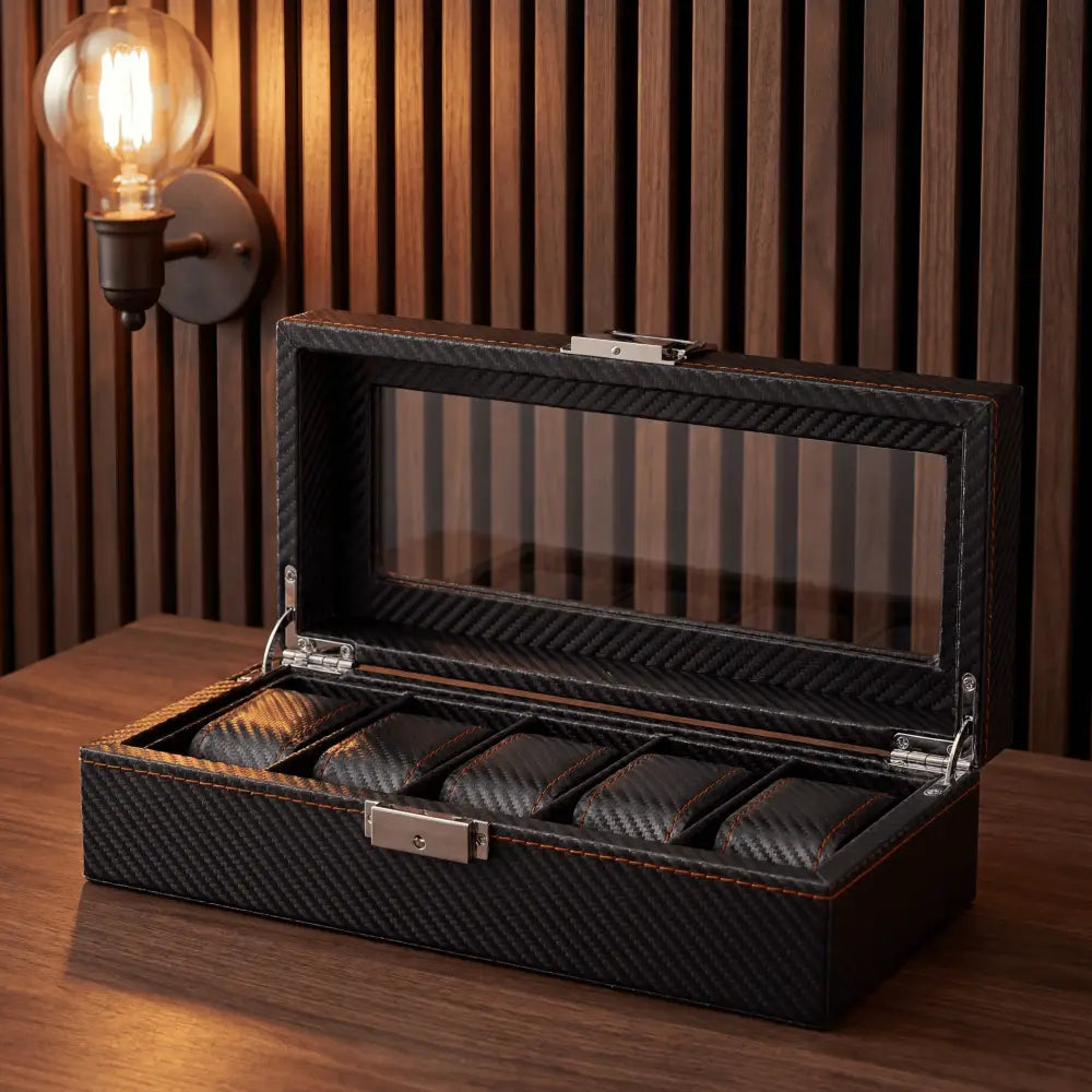 Boîte à montres Haussmann cuir noir 5 montres — Maison Orvian