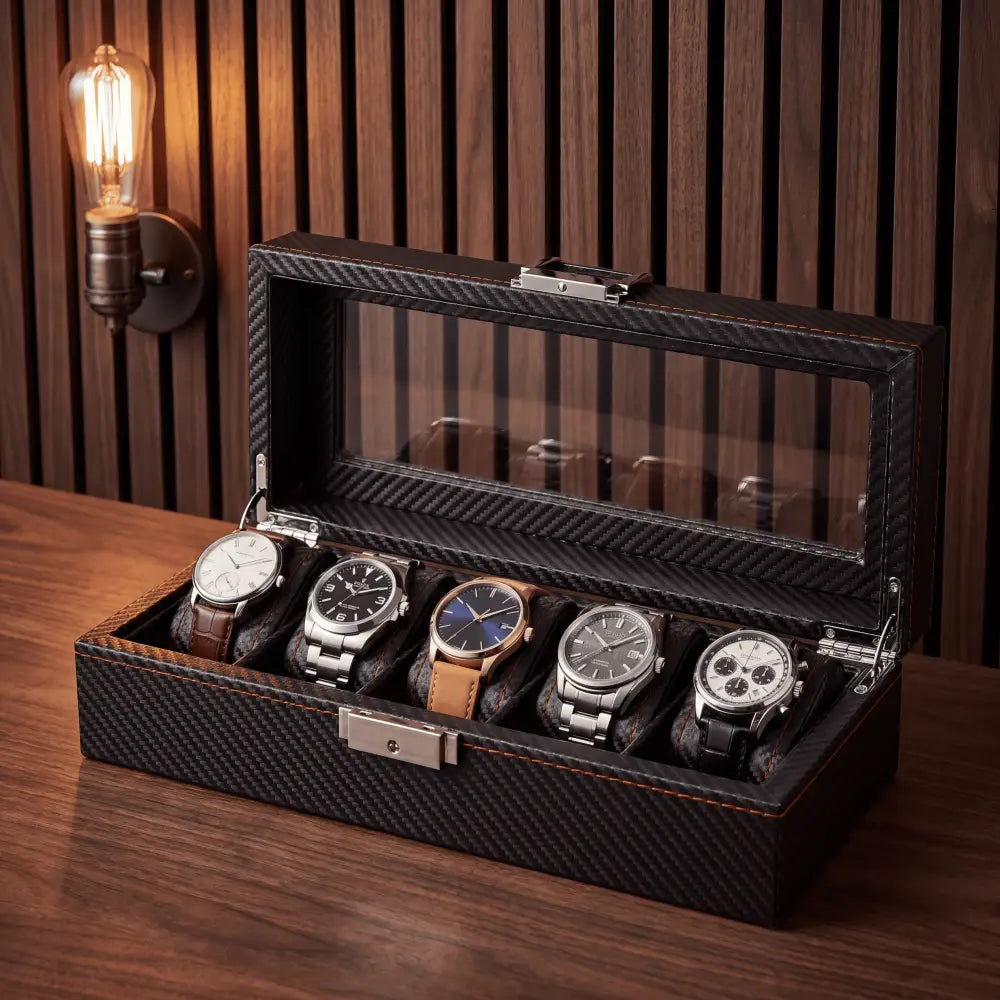 Boîte à montres Haussmann cuir noir 5 montres — Maison Orvian
