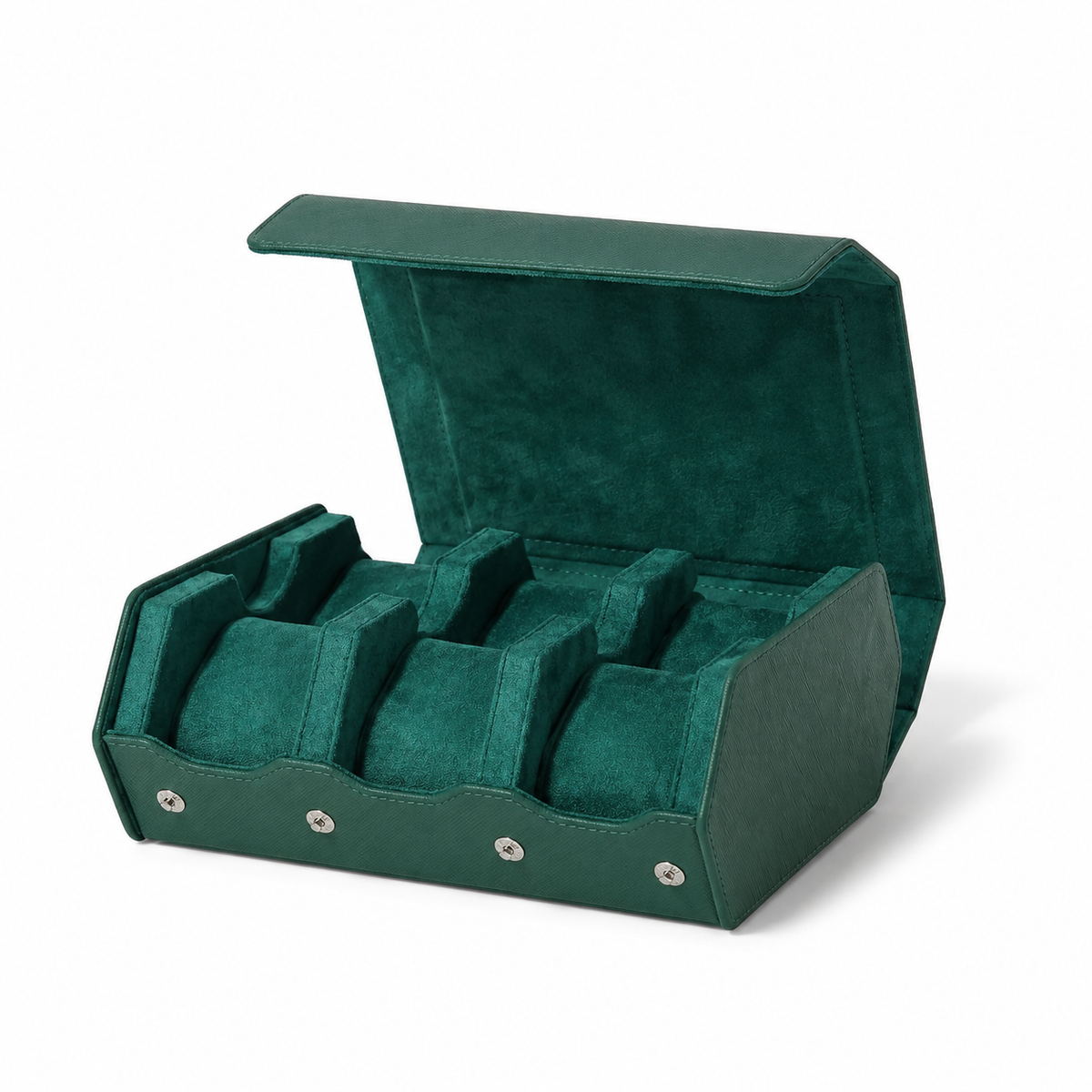 Étui de voyage Traversée en cuir vert pour six montres, intérieur daim et coussins amovibles — Maison Orvian