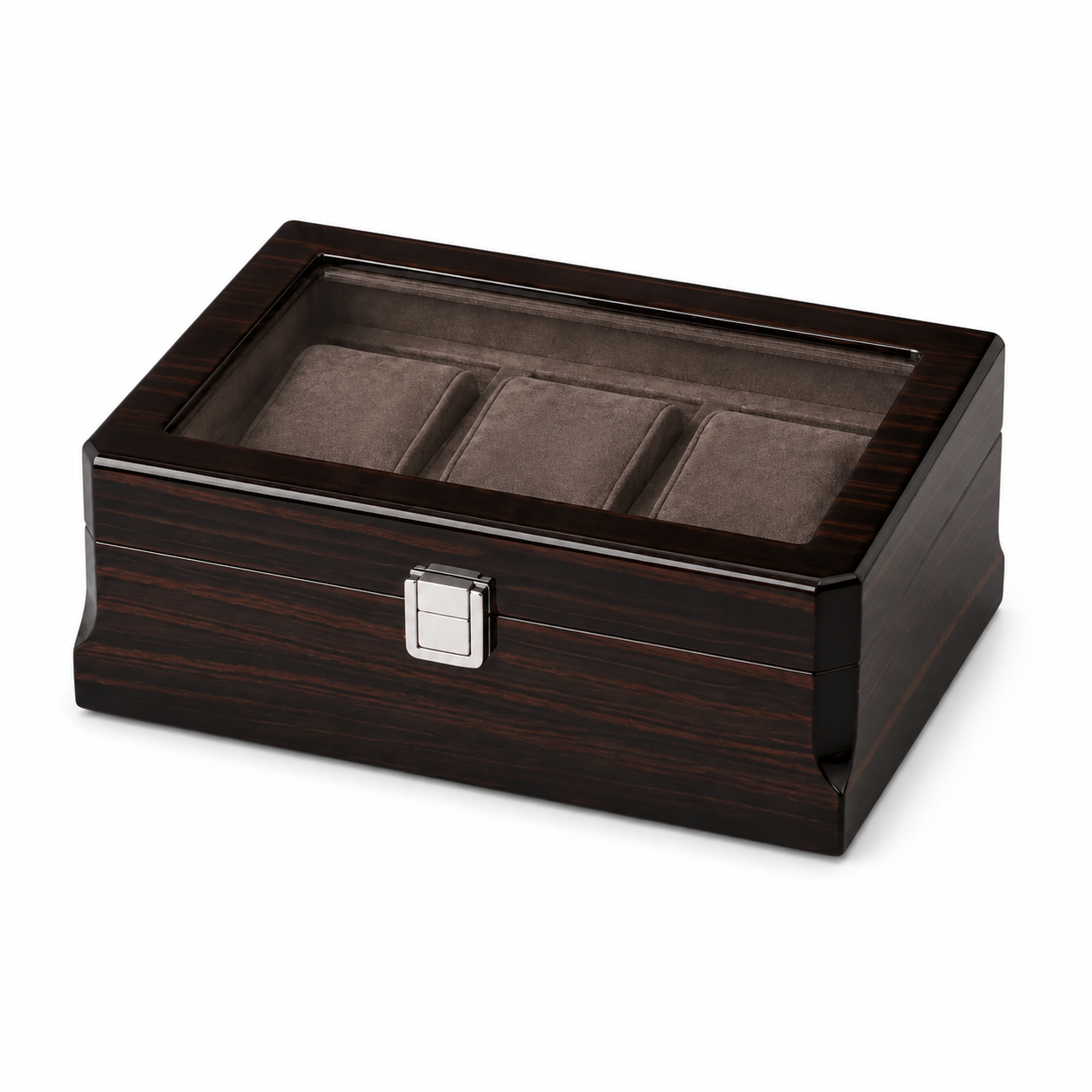 Boîte Richelieu trois montres, finition noir premium et couvercle en verre — Maison Orvian