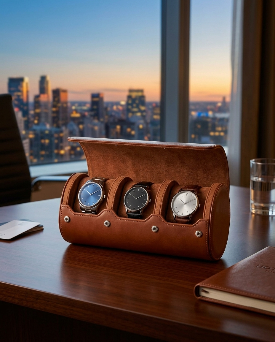 Étui Cabotage 3 montres sur un bureau d'hôtel