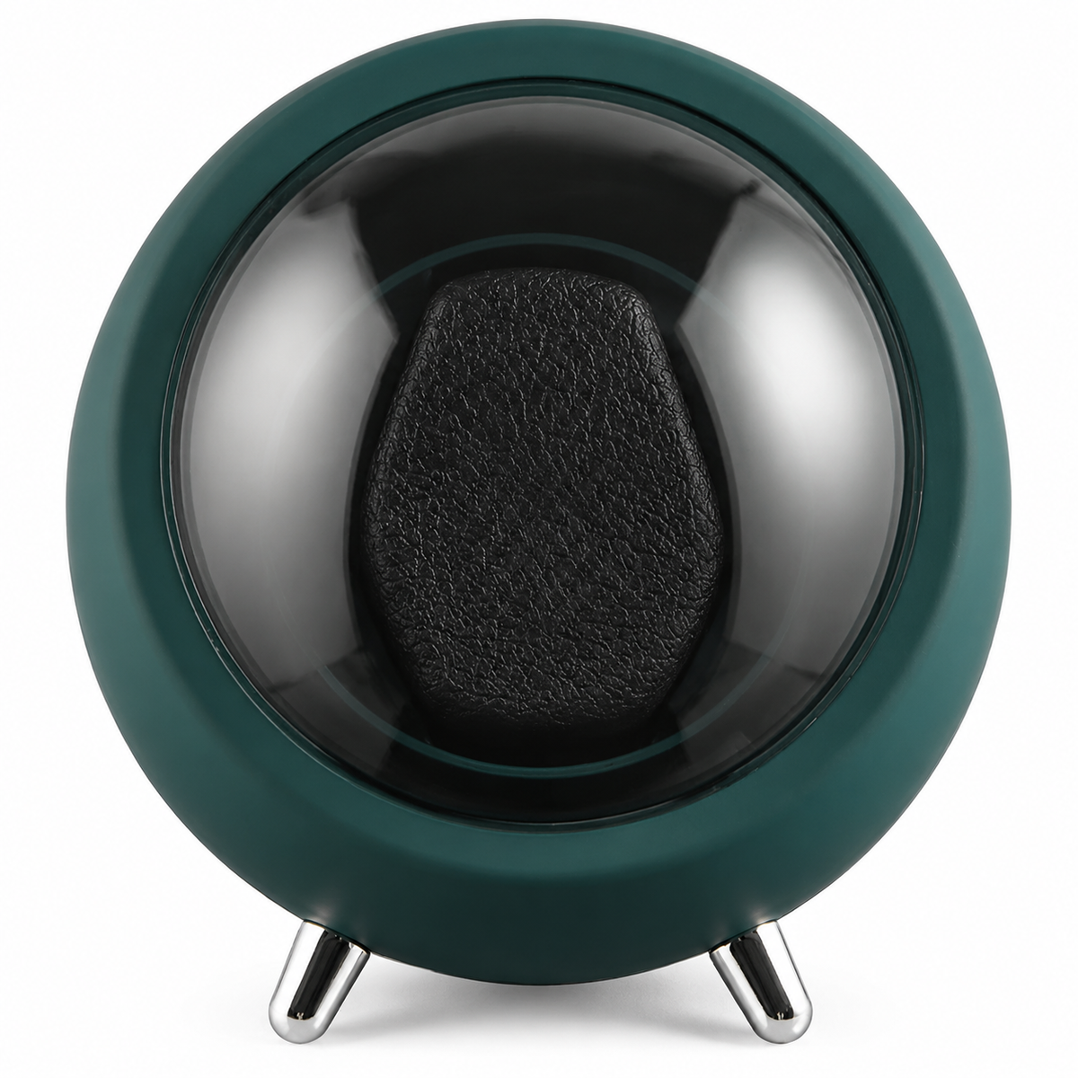 Remontoir Orbite sphérique vert, ouverture frontale et coussin porte-montre — Maison Orvian