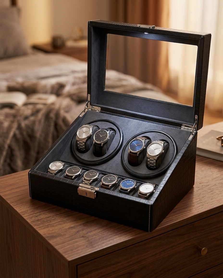 Coffret remontoir Cosmos 10 montres ouvert sur une commode