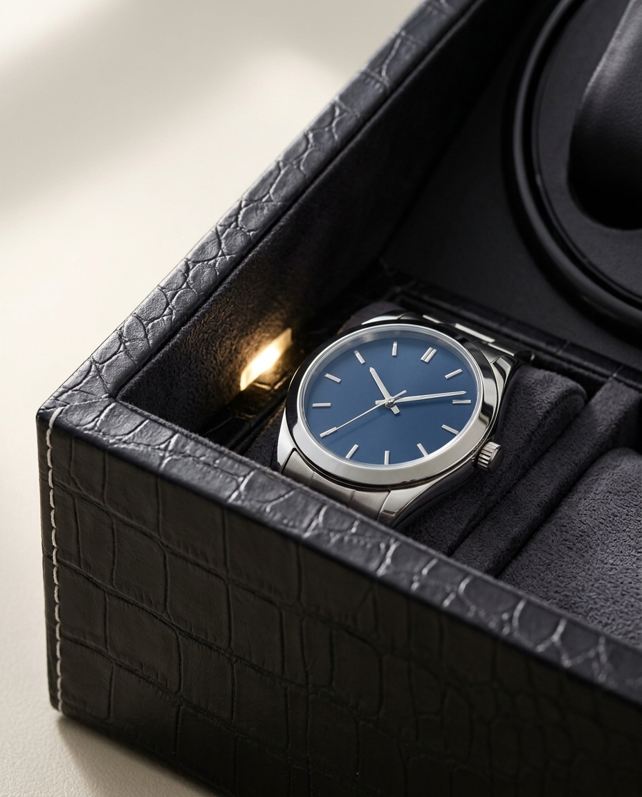 Simili cuir surpiqué et intérieur daim du coffret Cosmos