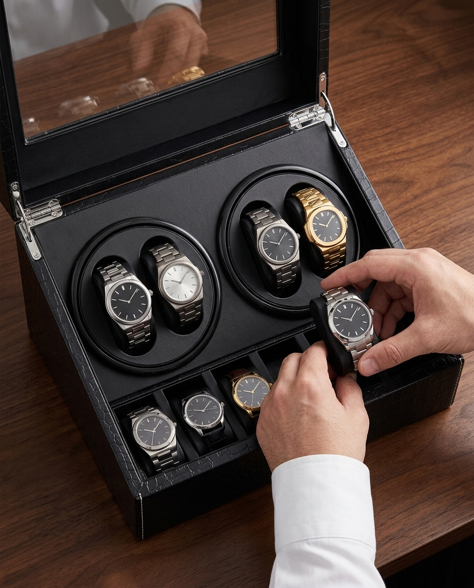 Main qui choisit une montre dans le coffret Cosmos