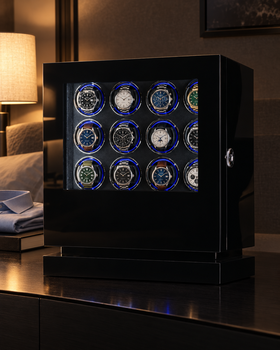 Remontoir Éclipse 12 montres sur une console de chambre la nuit