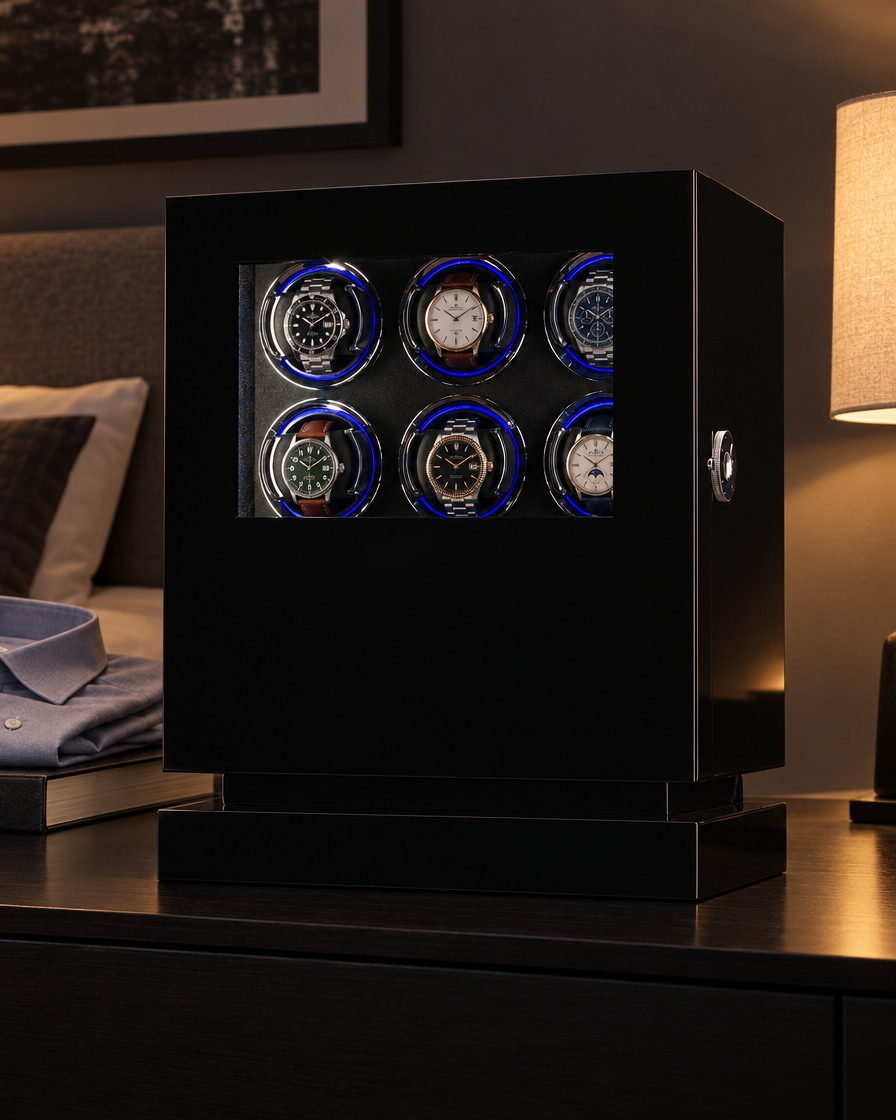 Remontoir Éclipse 6 montres sur une console de chambre la nuit