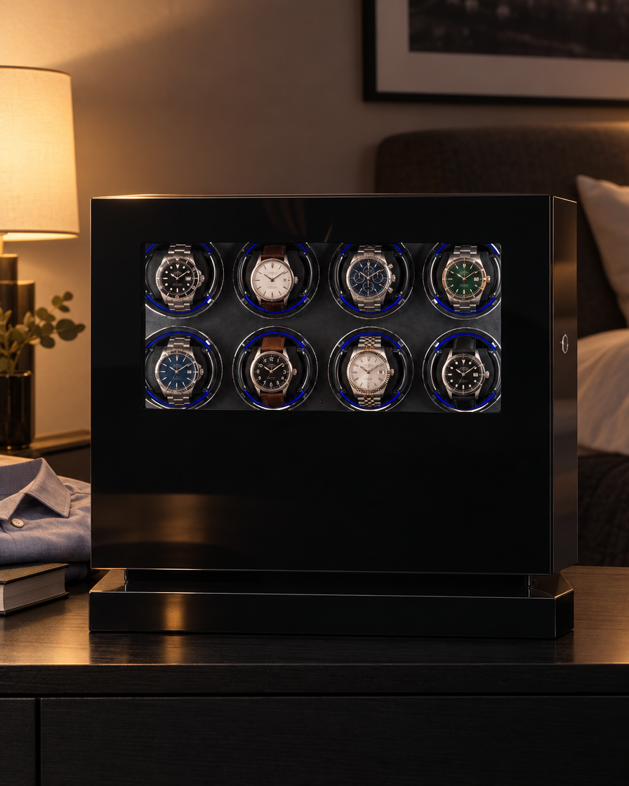 Remontoir Éclipse 8 montres sur une console de chambre la nuit