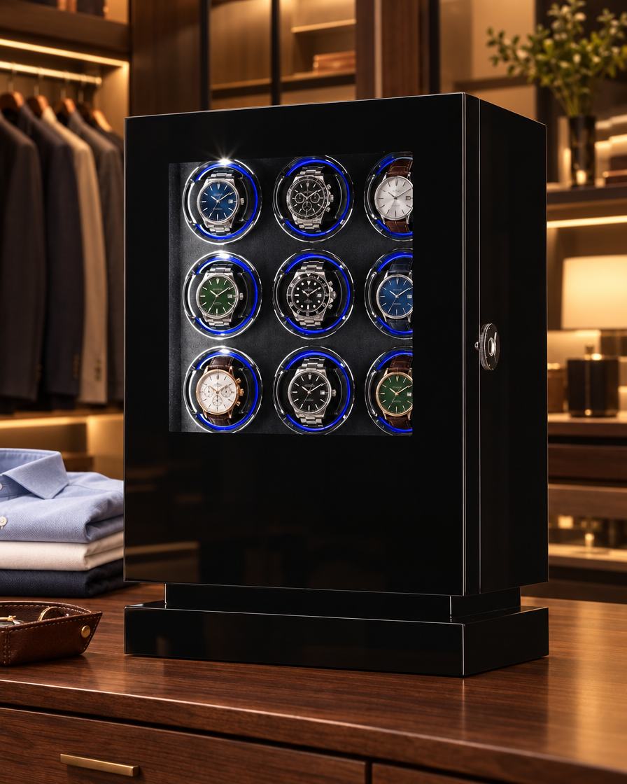 Remontoir Éclipse 9 montres en laque noire dans un dressing