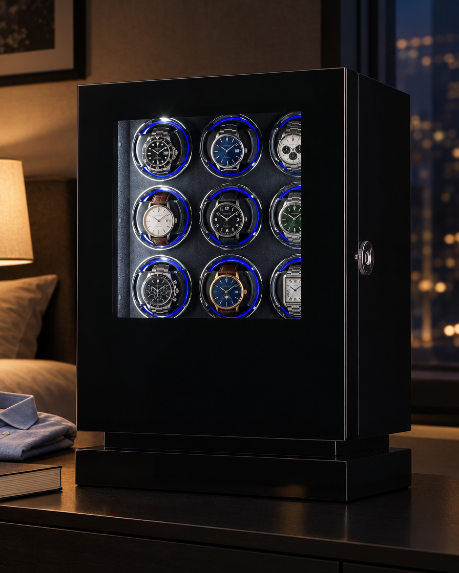 Remontoir Éclipse 9 montres sur une console de chambre la nuit