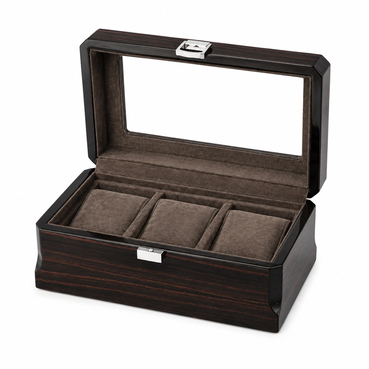 Boîte à montres Richelieu noire pour trois montres, couvercle vitré et compartiments capitonnés — Maison Orvian