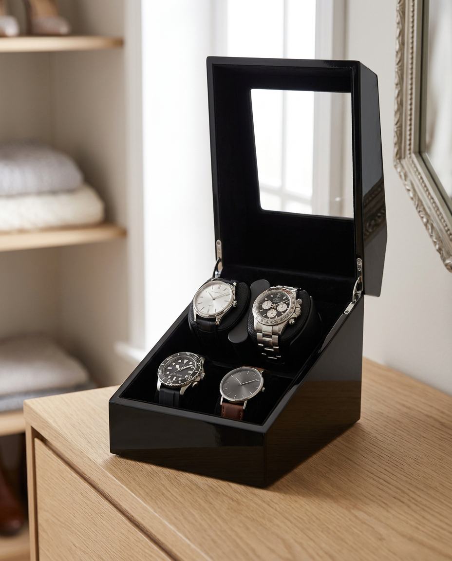 Remontoir Hélios 2 montres ouvert dans un dressing