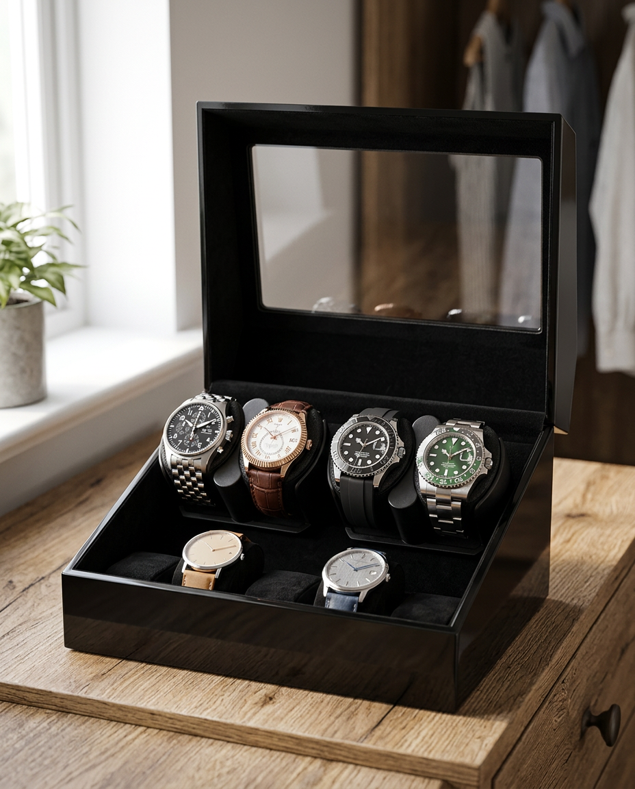 Remontoir Hélios 4 montres ouvert dans un dressing