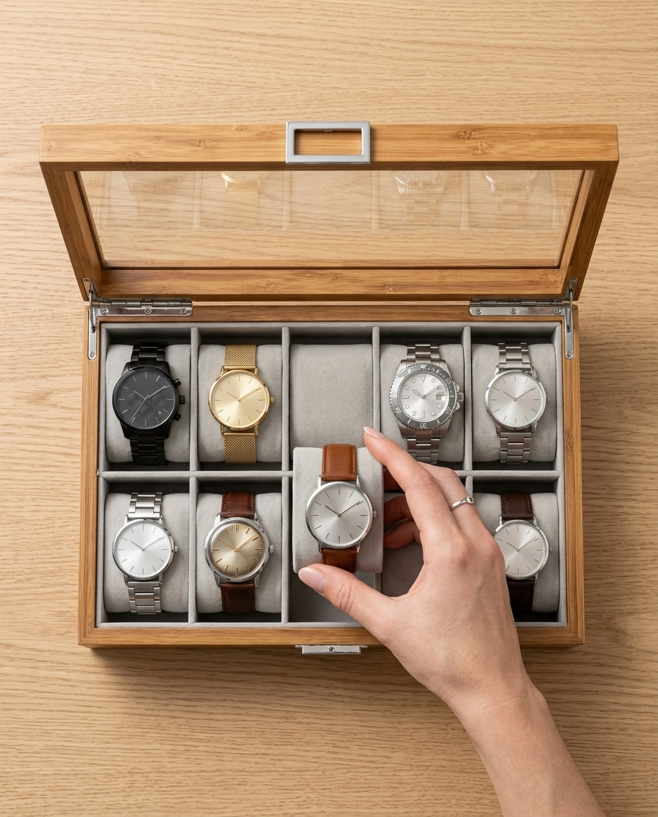 Dix montres dans la boîte Luxembourg ouverte