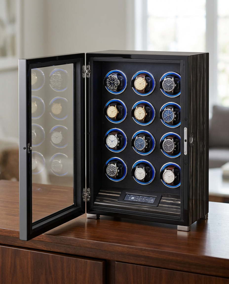Remontoir Lyra 12 montres porte ouverte sur un buffet