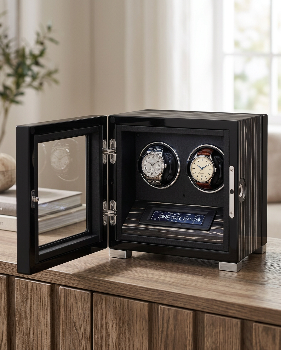 Remontoir Lyra 2 montres porte ouverte sur un buffet