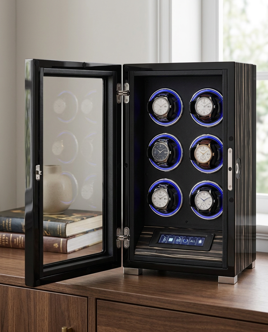 Remontoir Lyra 6 montres porte ouverte sur un buffet