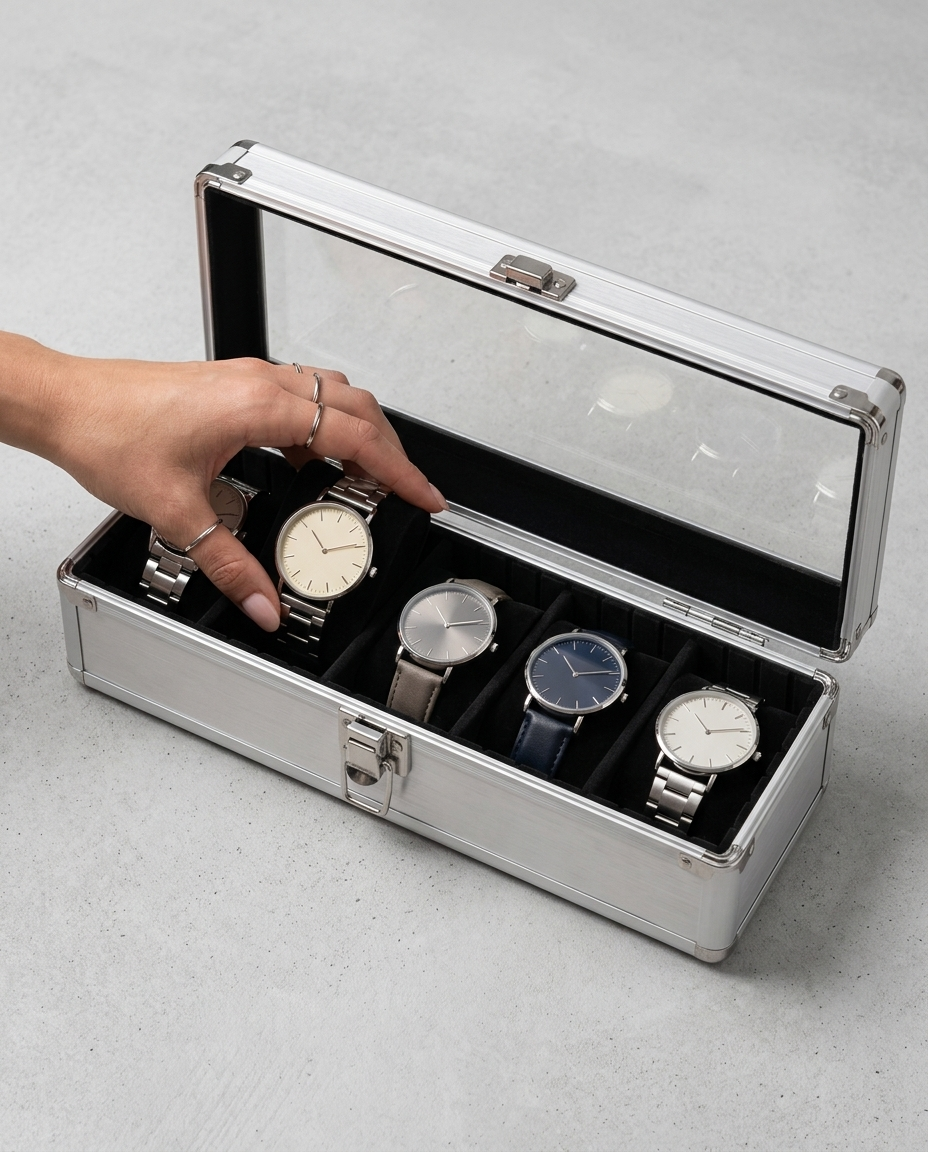 Cinq montres dans la boîte Madeleine sans emplacement vide