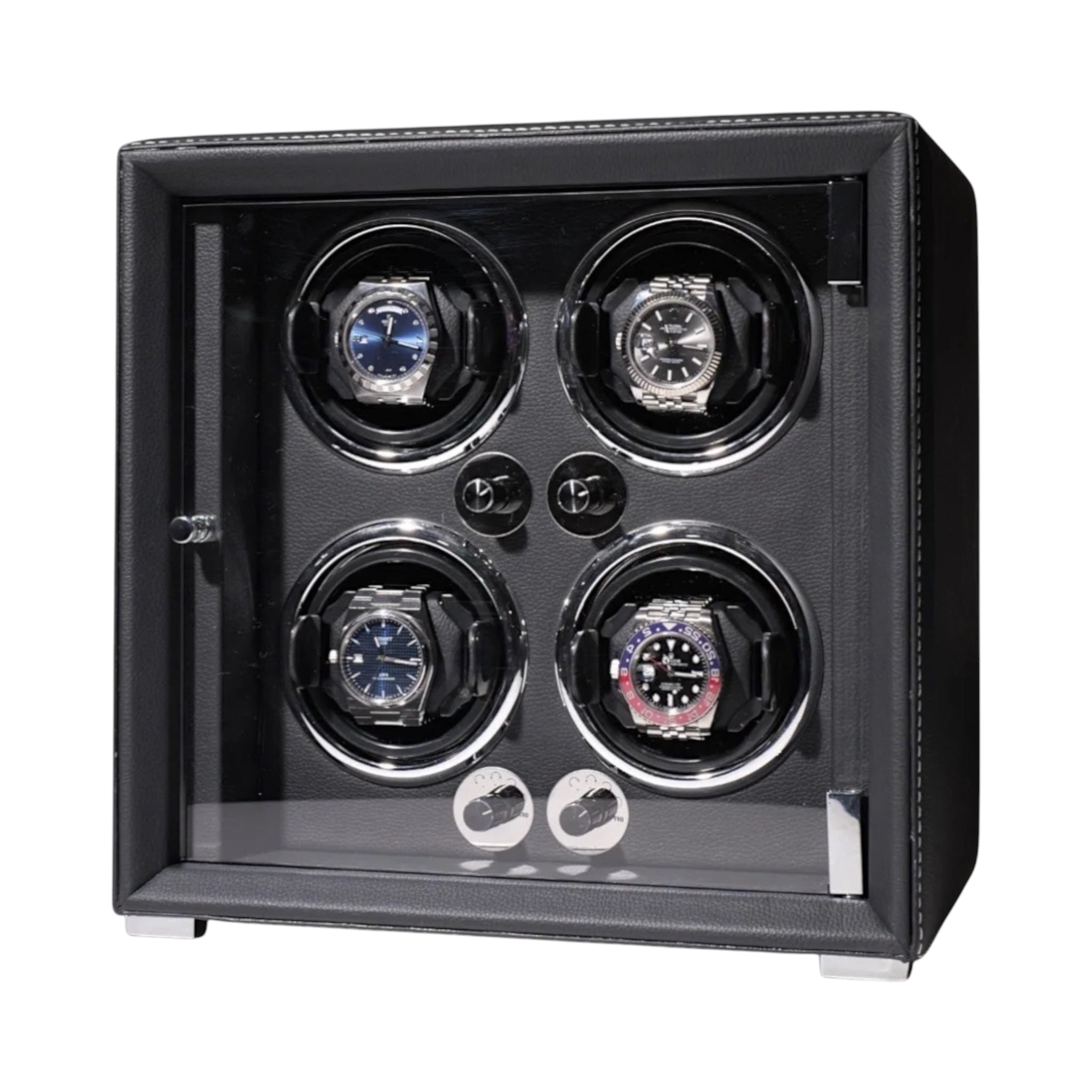 Remontoir Andromède 4 montres en laque piano noire, porte vitrée et serrure biométrique — Maison Orvian