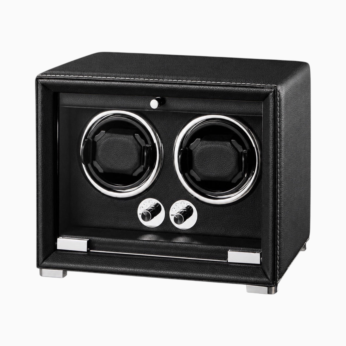 Remontoir Andromède 2 montres en cuir noir, vue de trois quarts — Maison Orvian