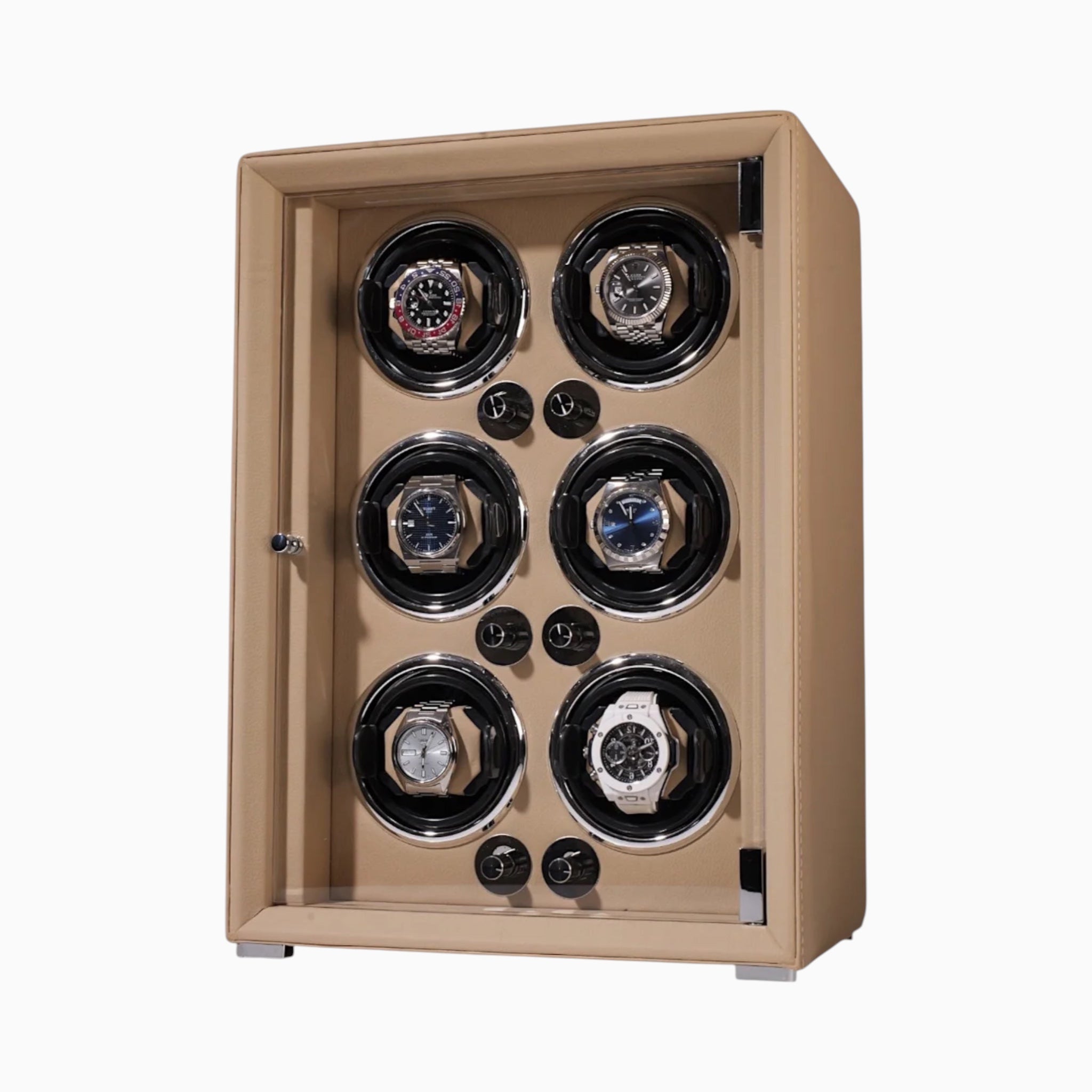 Remontoir Andromède 6 montres beige, porte vitrée, serrure biométrique et rotors programmables — Maison Orvian