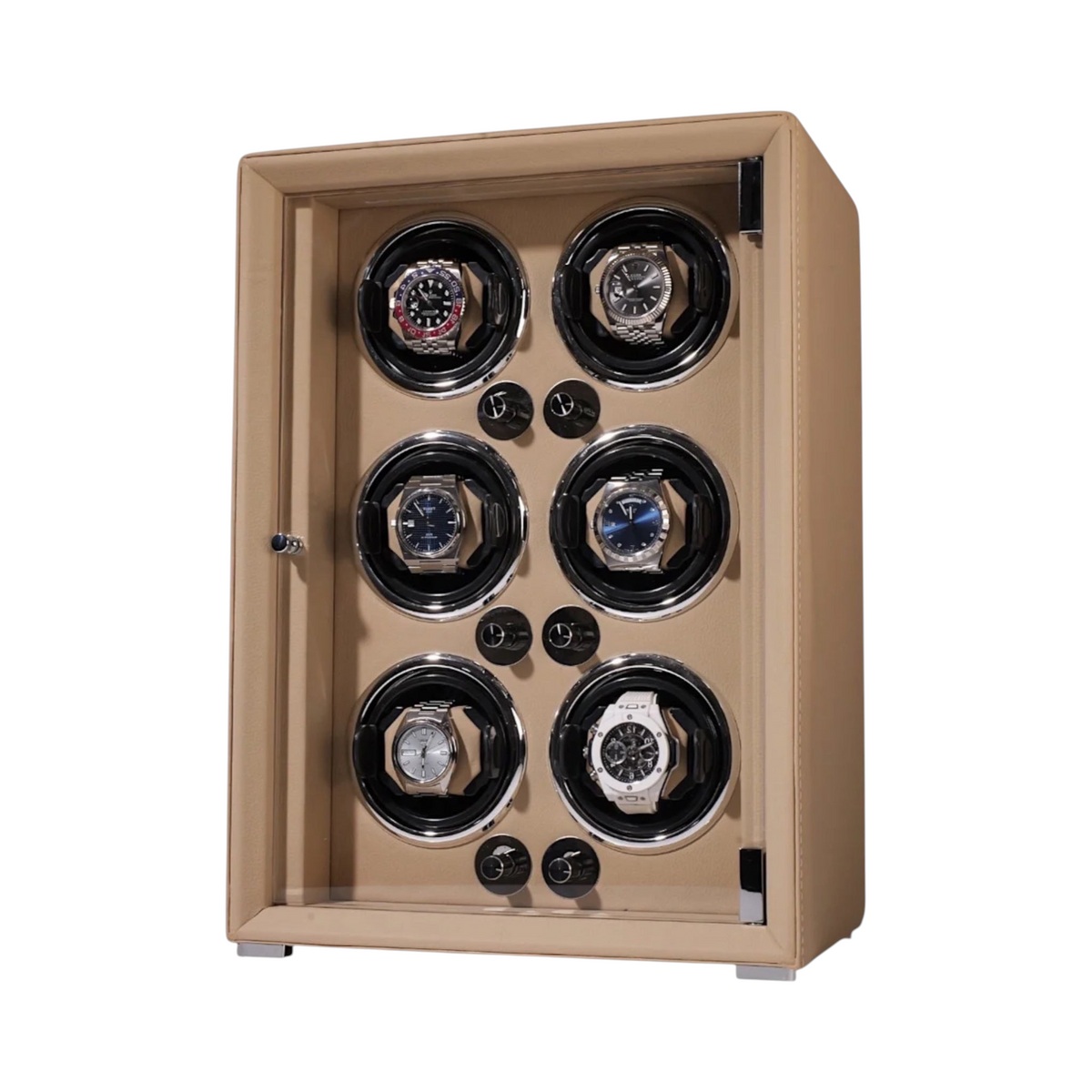 Remontoir Andromède 6 montres beige, porte vitrée, serrure biométrique et rotors programmables — Maison Orvian