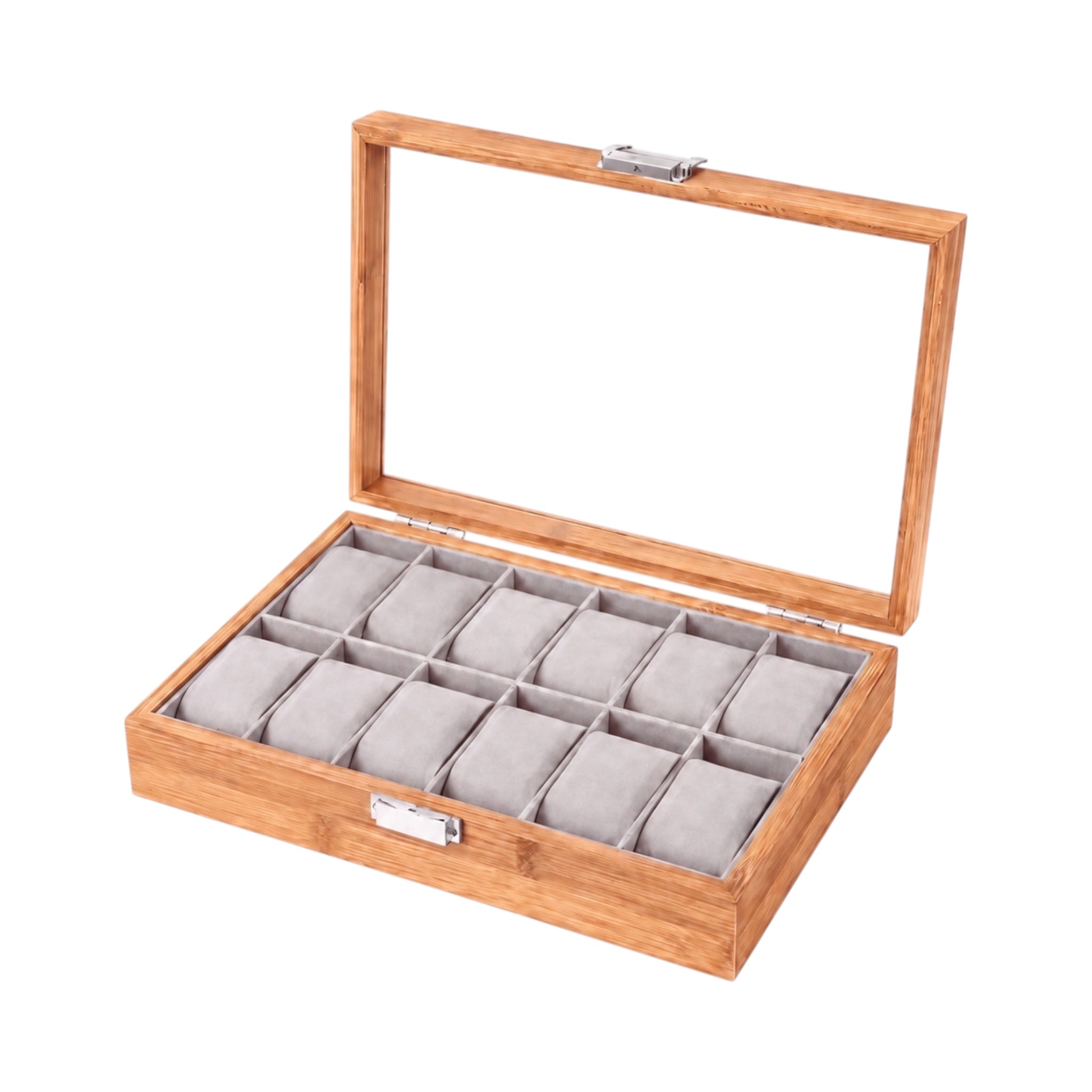 Boîte à montres Maison Orvian Luxembourg en bambou massif pour 12 montres avec couvercle vitré et coussins gris