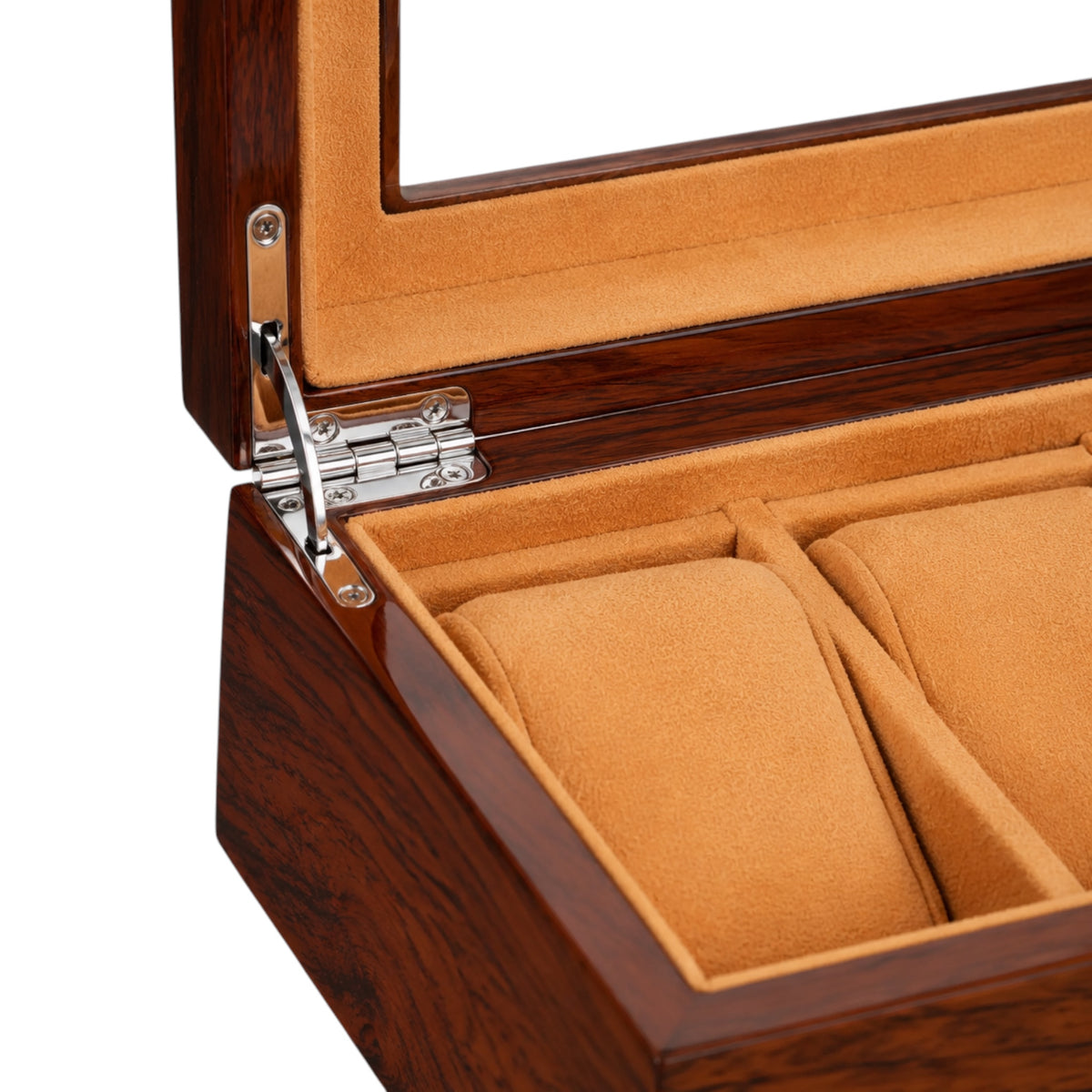 Boîte à montres Maison Orvian Rivoli en bois brun avec trois compartiments capitonnés et couvercle vitré