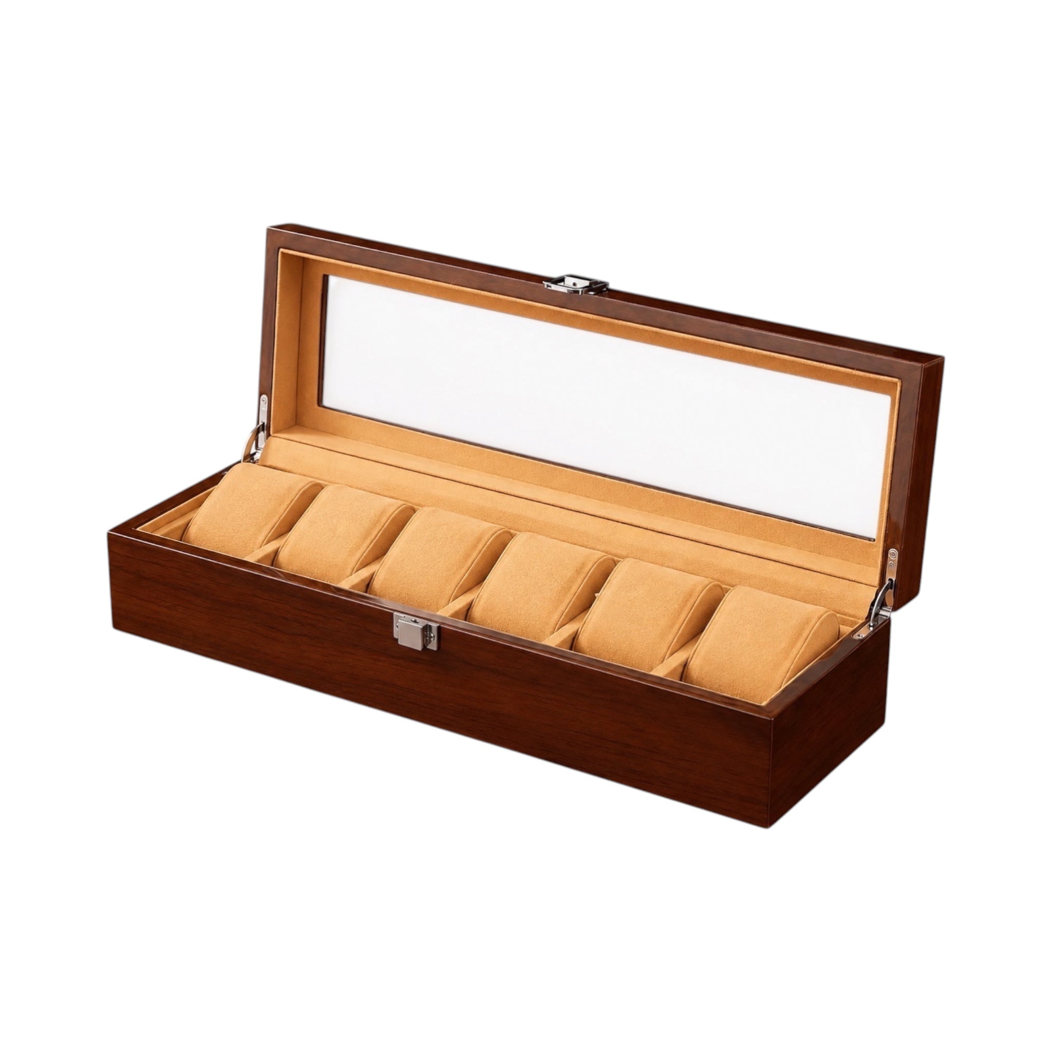 Boîte à montres Maison Orvian Rivoli en bois brun pour 6 montres avec couvercle vitré et intérieur capitonné beige