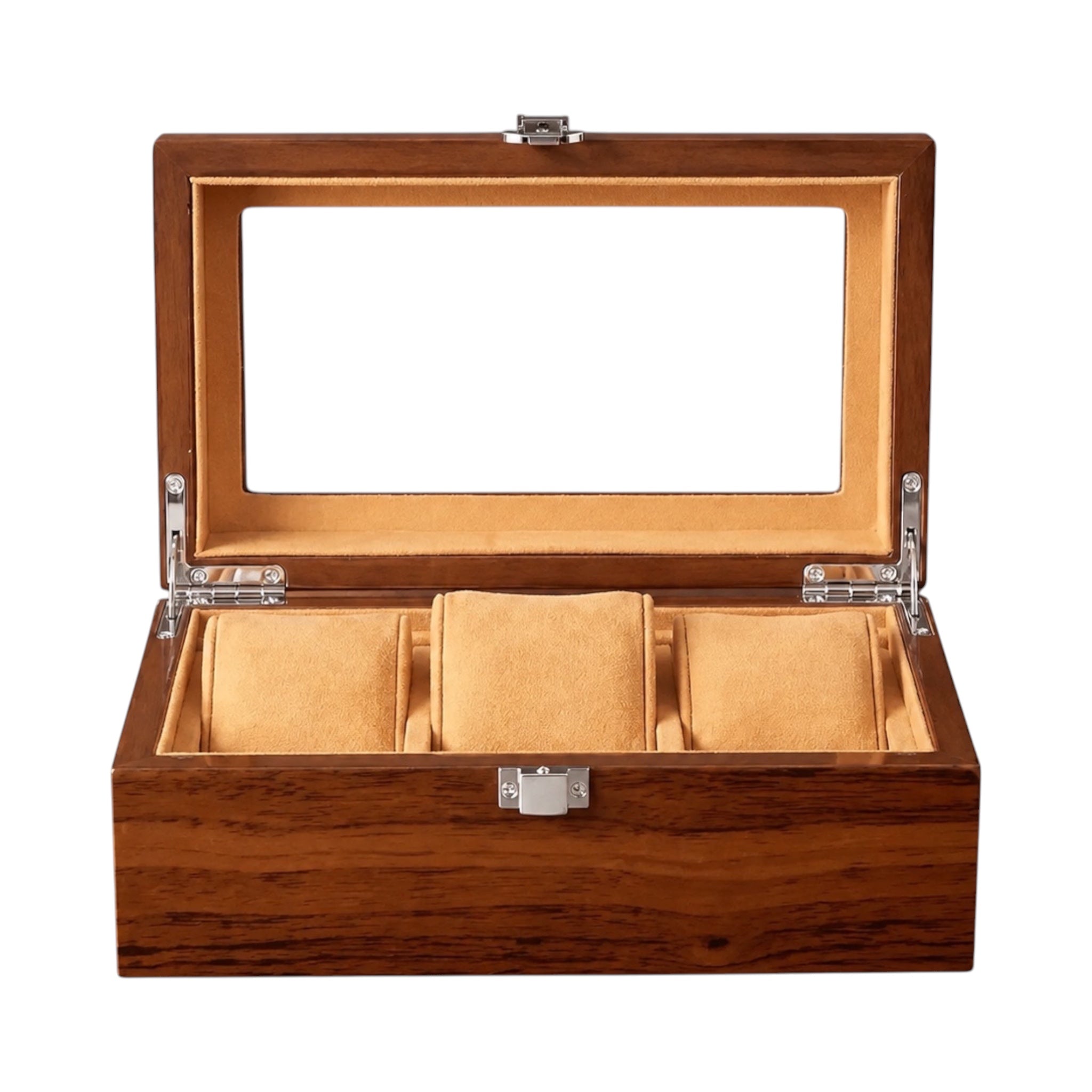 Boîte à montres Maison Orvian Rivoli en bois brun avec couvercle vitré et trois compartiments capitonnés beiges
