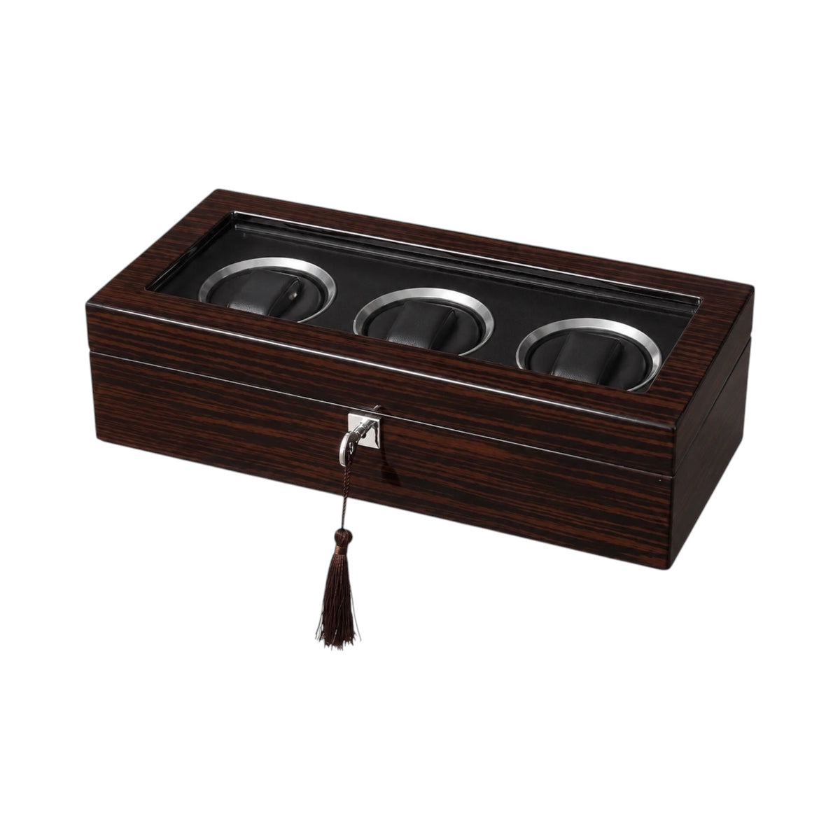 Boîte à montres Maison Orvian pour 3 montres en bois laqué noir avec couvercle en verre et intérieur en flanelle