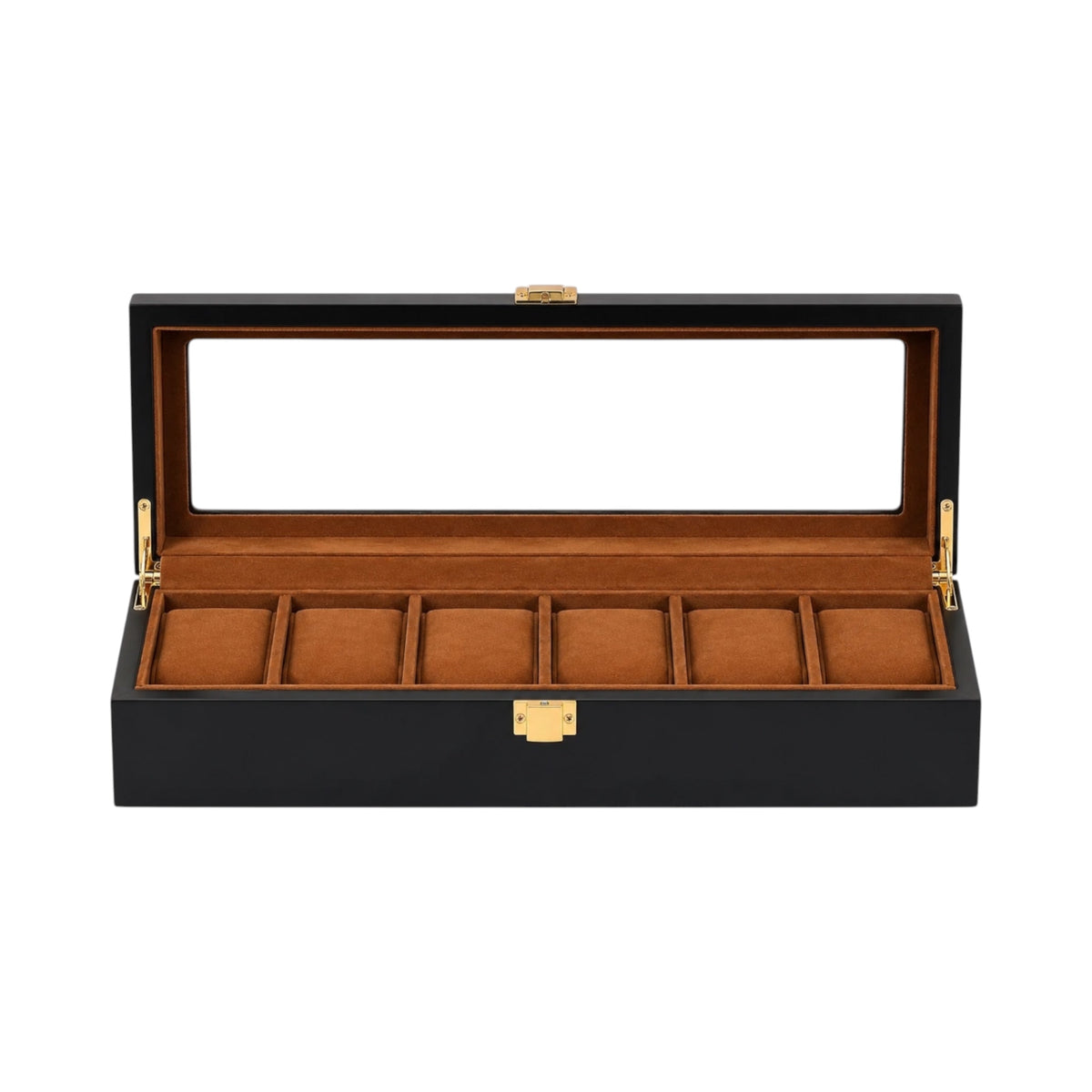 Boîte à montres Maison Orvian Vendôme en bois noir avec couvercle en verre et intérieur en daim pour 6 montres